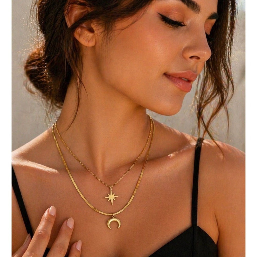 Gold Layered Necklace Star Moon Pendant Stainless Steel Trendy‎